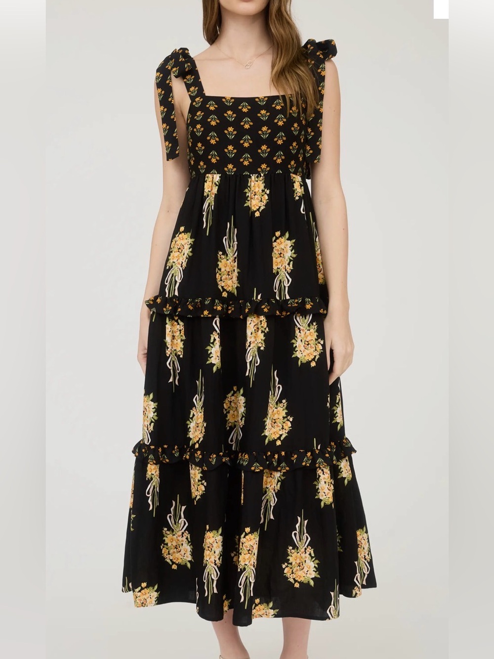 August Sky Black Floral Tiered Sundress Sz Small